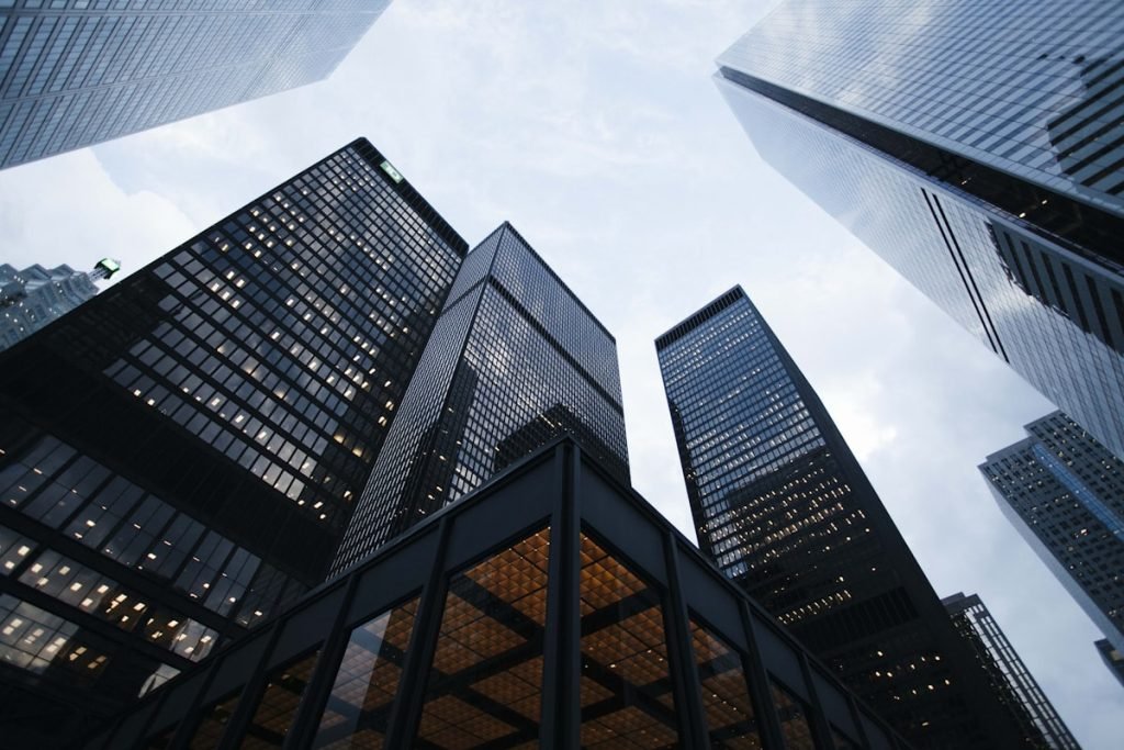 Modern office towers seen from street level